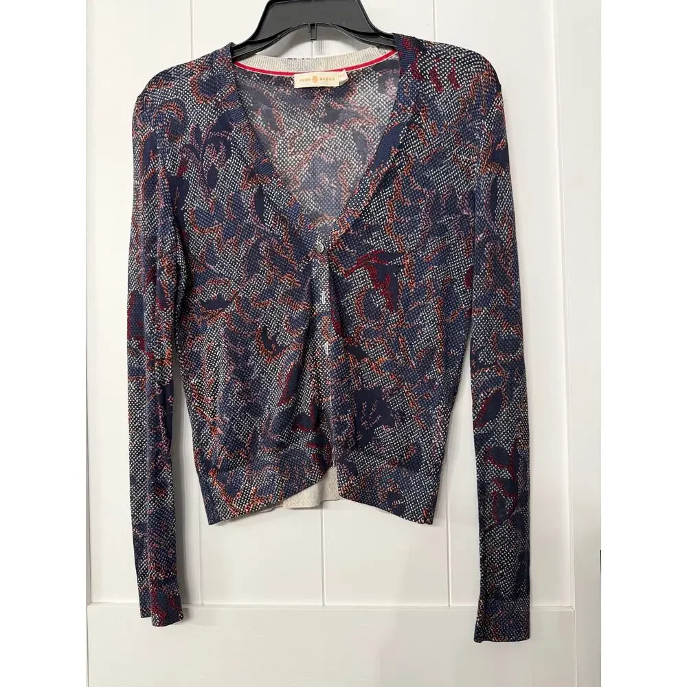 Tory Burch Cardigan navy, red, burnt orange floral print in sz XS